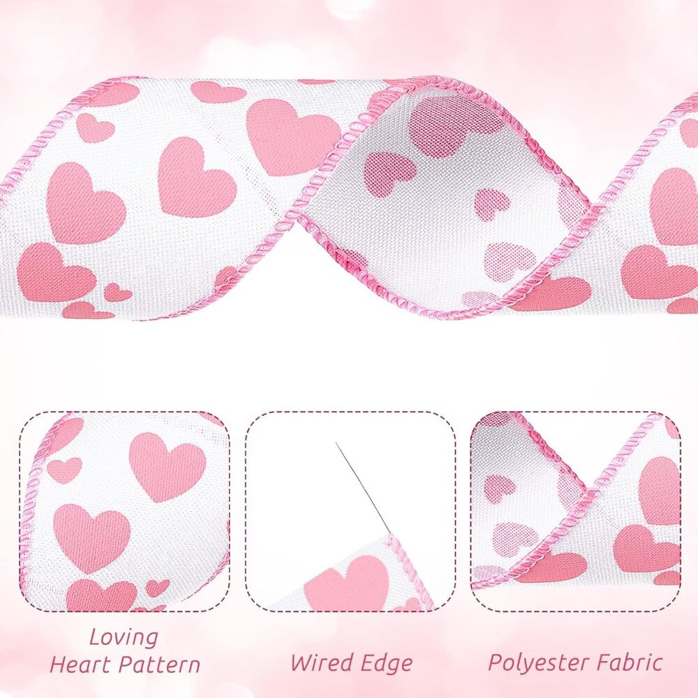 Valentine's Day Burlap Wired Ribbon 2 Rolls 12 Yards Heart Printed Love Edge Rib - Picture 4 of 7